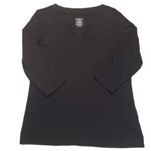 L.L. Bean Womens S  Top Supima Cotton Split V Neck Tunic 3/4 Sleeve Black